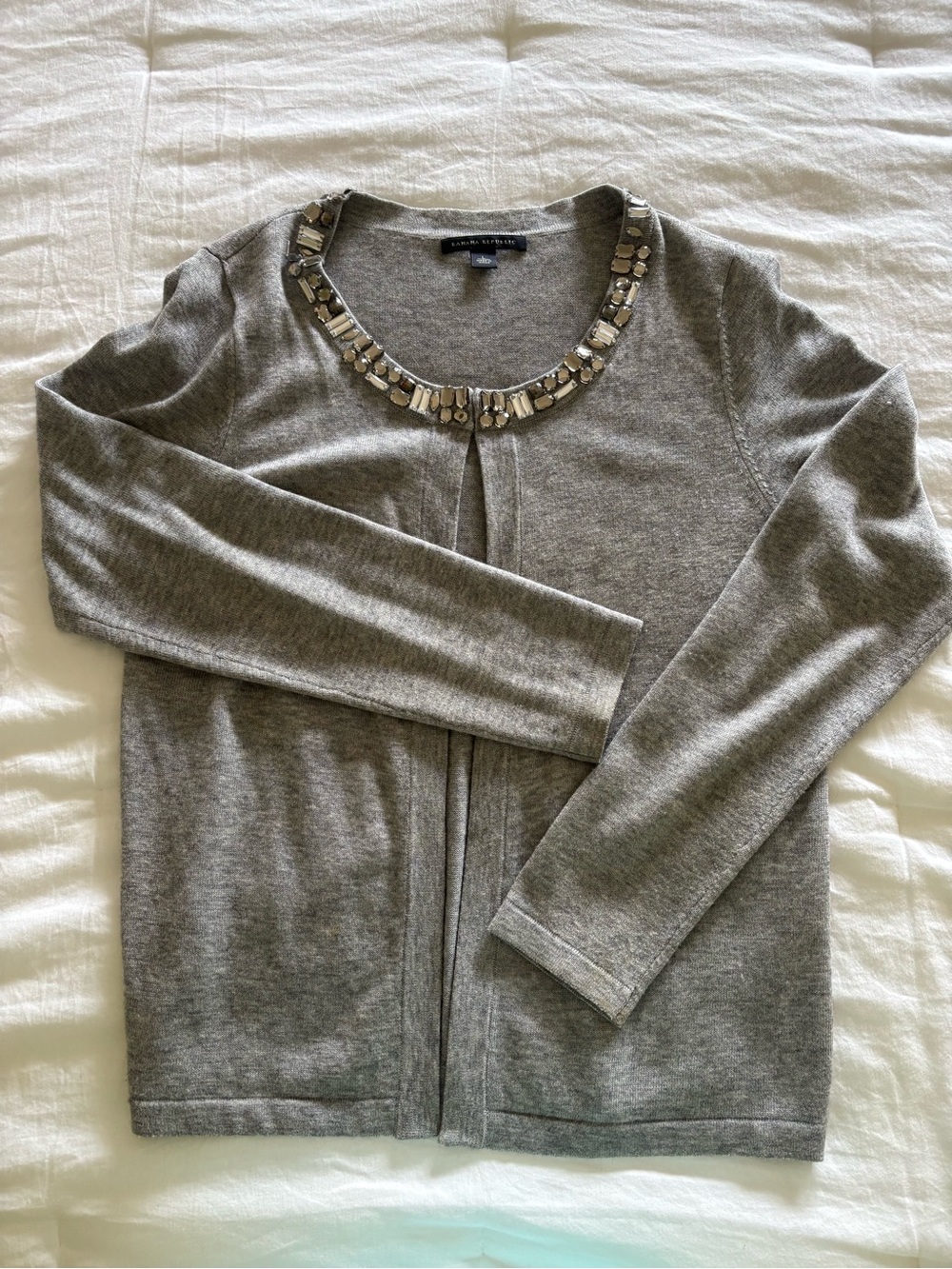 Ann Taylor Gray Embellished Neckline Sweater Cardigan